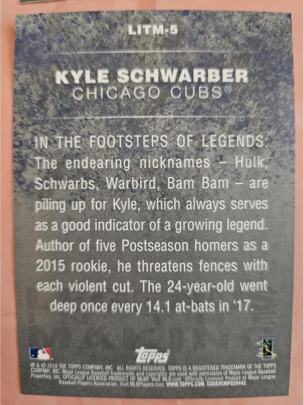 2018 Topps- Legends in the Making - Kyle Schwarber #LITM-5 -RAW Mint - Picture 2 of 2